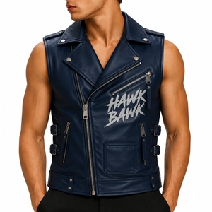 Veste en cuir sans manches pour homme, style motard, vêtement d'extérieur personnalisé, fermeture éclair sur le devant, plusieurs poches, col rabattu - Product Image 1