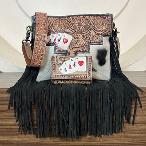 Estilo Vintage cuero de vaca a mano a la moda bolso con flecos de moda y cartera corta diseño de ases Conjunto Combinado de 2 piezas para mujer - Product Image 4