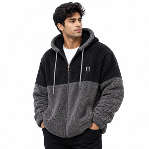 Vente en gros de sweats à capuche zippés pour hommes en polaire Sherpa, style color block, coupe oversize, chauds pour l'hiver, streetwear, avec options de personnalisation, fournisseur USA - Product Image 1