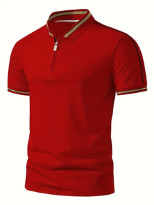 Polo beige pour homme avec bandes latérales noires, confortable, respirant, en polyester, avec fermeture éclair, idéal pour les activités sportives et les activités de plein air - Product Image 3