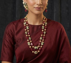 Luxury <b>Ruby</b> Jade Gemstone Long <b>Necklace</b> Set Gold Plated Kundan Polki Beaded Statement Matching Earrings Women - Product Image 3