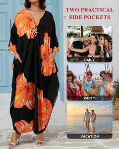 Floral Print Chiffon <b>Kaftan</b> Dress V-Neck Loose Maxi <b>Summer</b> Casual Wear Cap Sleeve Breathable Straight Hem - Product Image 5