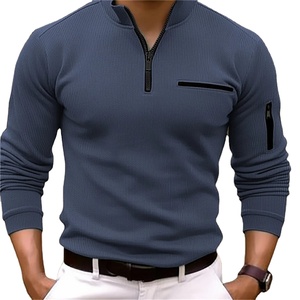 Polo de manga larga de algodón 100% para hombre, Color sólido, rayas, brazo, cremallera, bolsillo de empalme, lona, técnica de alta oscuridad, deportes informales - Product Image 1