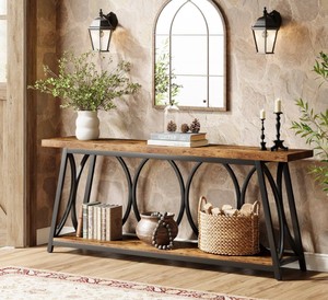 Mesa Consola Moderna de Madera con Estructura Metálica y Base de Trípode, Mueble de Sala de Estar con Almacenamiento, Diseño Industrial - Product Image 3