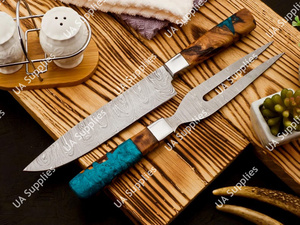 Ensemble de couteaux de chef professionnels forgés à la main en acier Damas, couteau à découper et fourchette, manche personnalisable en résine d'olivier, OEM/ODM - Product Image 5