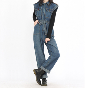 Combinaison en jean sans manches pour femme, col rabattu, taille haute, ceinture, coupe ample, décontractée, effet délavé - Product Image 6