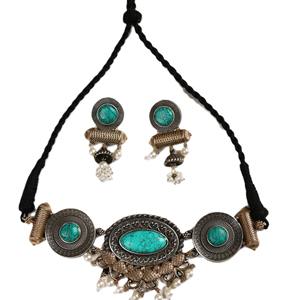 ชุดเครื่องประดับโบฮีเมียนสำหรับงานแต่งงานแบบสองสี ชุบเงินโบราณ ทำจากทองเหลือง ประดับคริสตัลและเพชรเทียม ประกอบด้วยสร้อยคอและต่างหู - Product Image 1