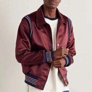 Men's <b>Burgundy</b> Varsity <b>Jacket</b> Turn-down Collar Button Closure Preppy Style Autumn Wear Regular Fit Solid Color Polyester Shell - Product Image 3