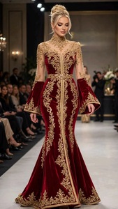 <b>Burgundy</b> Embroidered Floor-Length Traditional Wedding <b>Dress</b> for Women with Gold Detailing - Product Image 3