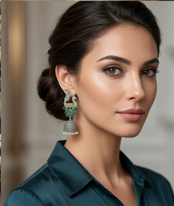 Boucles d'oreilles Jhumka classiques DIVYORO en laiton émeraude paon pour soirée - Product Image 3