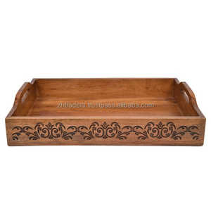 Bandeja de servicio de madera de acacia de lujo con asas de nogal hechas a mano, vajilla decorativa de primera calidad para sala de estar, hotel y uso doméstico - Product Image 3