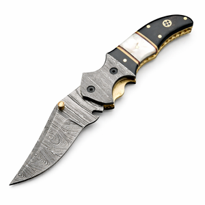 Damascus Steel Folding Pocket <b>Knife</b> - 7" Handmade Gift <b>Knife</b> with Horn & <b>Bone</b> <b>Handle</b> - Camping Pocket <b>Knife</b> - Product Image 1