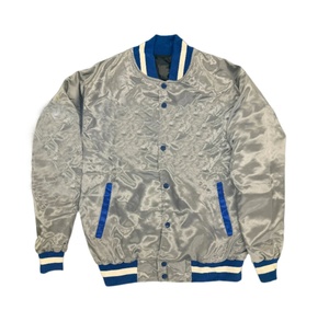 Chaqueta Varsity con ribete azul y blanco, cuello vuelto, corte regular, forro de satén de poliéster, estilo preppy de otoño - Product Image 3