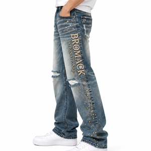 Jeans Clásicos de Mezclilla para Hombre, Corte Recto, Detalles Desgastados, Bolsillos Delanteros y Traseros, Acabado Lavado, Estilo Casual, Uso Diario - Product Image 4