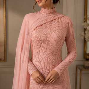 Robe de soirée de luxe rose poudré perlée avec manches cape, robe de créateur modeste, style Abaya islamique, caftan - Product Image 3