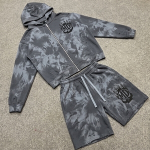 Custom Eco-Friendly 100% Cotton <b>Summer</b> Acid Wash Distressed Fleece Hoodie Shorts Set <b>Men</b> Streetwear Full Zip Tracksuit - Product Image 3