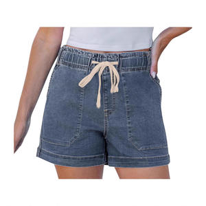 Shorts de Mezclilla de Cintura Alta para Mujer, Estilo Europeo Americano, Cintura Elástica con Cordón Ajustable, Corte Recto, para Comercio Exterior Transfronterizo, Aliexpress - Product Image 5