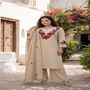 Top Quality Khadi Cotton with Multi-Thread Flower-Leaf work Yoke & Full Sleeve Straight Long <b>Kurti</b>-Pant-Dupatta Indian Exporter - Product Image 1