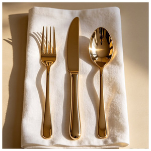 Ensemble de couverts vintage en acier inoxydable doré avec poignée embossée, finition miroir, pour mariages et hôtels haut de gamme, bon prix - Product Image 4