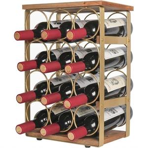 Porte-bouteilles à vin en métal de qualité supérieure, finition dorée, support en fer avec dessus et base en bois pour la maison, le bar ou la cuisine. - Product Image 1