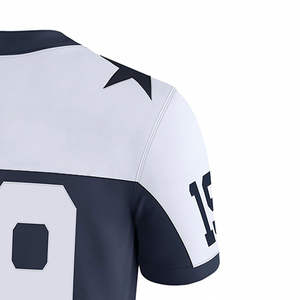 Nouveau design de maillot de football américain bleu marine et blanc pour hommes, tissu durable, col en V, séchage rapide. - Product Image 5