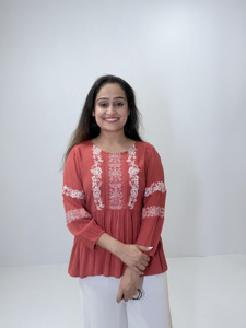 <b>Red</b> Viscose Embroidered Organza Peplum Top for Women V-neck Tassel Casual Ethnic Boho Summer <b>Blouse</b> Wholesale Wear - Product Image 2