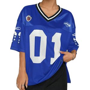 Camiseta de Fútbol Americano Azul con Logotipo Personalizado, Malla Transpirable, Estilo Hip Hop Urbano, Cuello en V, Ropa Deportiva de Entrenamiento para Hombre y Mujer 01 - Product Image 1