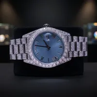 Montre analogique à quartz unisexe de luxe en acier inoxydable sertie de diamants, boîtier rond, fermoir déployant, cadran de 36 mm