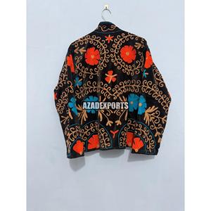 <b>Black</b> Embroidered <b>Velvet</b> Woven Safari Pullover <b>Jacket</b> Women Suzani Floral Stand Collar Full Sleeve Cotton Lining Autumn/Winter - Product Image 6