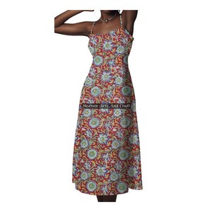 Nuevo Vestido Bohemio Hippie Tribal con Estampado de Bloques y Dobladillo de Algodón - Vestido Halter Túnica de Algodón con Tirantes Finos al por Mayor - Product Image 5