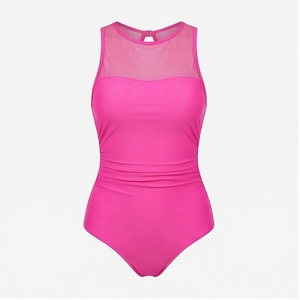 Women High Neck One Piece Swimsuit Solid Pink Mesh Panel Stretch Bodysuit Regular Fit High Waist Swimwear - Product Image 1