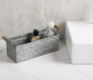 Panier de rangement en métal galvanisé en gros avec poignées en bois, organiseur de salle de bain rustique, bac de rangement pour la restauration - Product Image 2