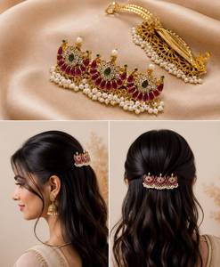 Pince à cheveux exclusive en laiton poli de qualité supérieure avec pierre CZ AD Kempu, design élégant et magnifique, idéale pour toutes les tenues - Product Image 1