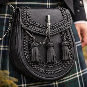 Top Sell Black Leather Scottish Kilt Sporran Traditional Braided Sporran With 3 Tassels with <b>Chain</b> <b>Belt</b> Strap - Product Image 1