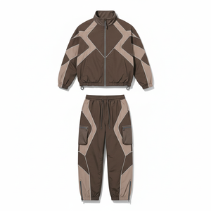 High Quality Men's Casual Solid Streetwear Custom Patchwork <b>Polyester</b>/Cotton Windbreaker Pants Set Knit - Product Image 3