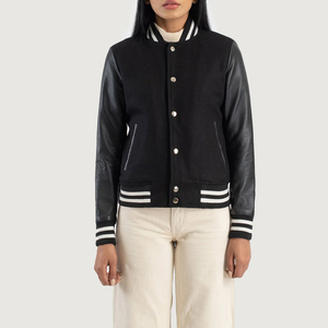 Veste universitaire unisexe noire en PU avec manches en cuir, col rabattu, fermeture à boutons, style preppy, vêtement d'automne - Product Image 1