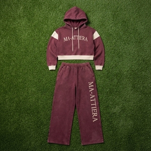 Custom Women Acid Wash Burgundy Color Block <b>Cropped</b> Hoodie Wide Leg <b>Jogger</b> Set Cotton Fleece Tracksuit OEM Wholesale - Product Image 5