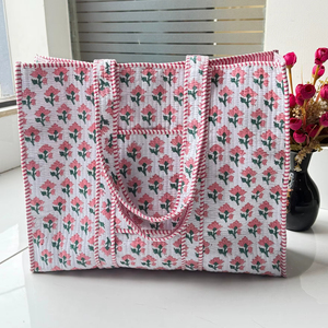 <b>Boho</b> Quilted Tote Shoulder Patch <b>Bag</b> Eco-Friendly Cotton Handprint Floral Customizable Logo Weekday Weekend Custom Printing - Product Image 1