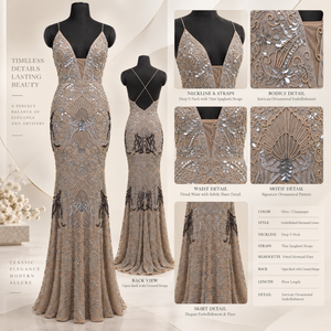 Robe de soirée sirène en argent sculpté ornée de pierres |   Robe à col en V profond, bretelles spaghetti, dos ouvert et perles décoratives - Product Image 5