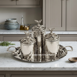 4-Piece Luxury Hammered Silver Canister Set with Matching Serving Tray <b>Decorative</b> Metal Kitchen Storage Jars with Leaf Knobs - Product Image 3