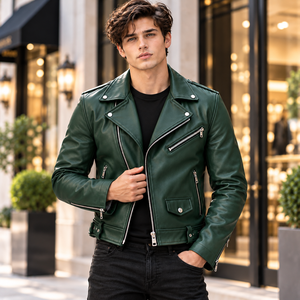 Chaqueta de Motociclista de Cuero Verde para Hombre, Chaqueta de Motociclista de Cuero Vacuno Genuino, Corte Ajustado, Estilo Vintage Punk Rock, con Cierre - Product Image 5
