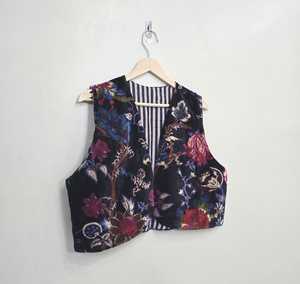 Black Velvet Cotton Floral Print Quilted Jacket-Reversible Winter Sleeveless Outerwear - Product Image 4