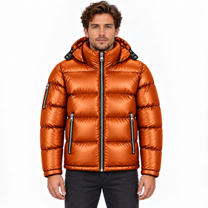 Mens Long Glossy Winter Coat Hooded Puffer Jacket <b>Quilted</b> Padding Full Zip High Collar Sleeve Pocket Waterproof Casual - Product Image 5