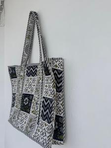 Custom Lightweight Durable Quilted Cotton Black Floral <b>Tote</b> Bag <b>Zip</b> Closure Top Long Handles Women's Shopping Bag 17x14 Inches - Product Image 3