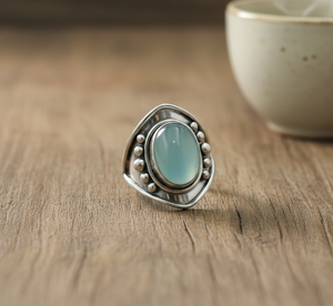 Anillo Vintage de Calcedonia Azul, Plata de Ley 925, Chapado en Oro Rosa y Oro Amarillo, Joyería Boho Hecha a Mano, Regalo Unisex para Ella - Product Image 4