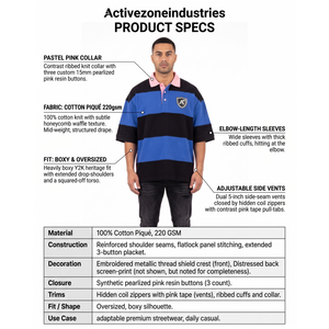 Men's Oversized Boxy 100% Cotton Piqu Polo <b>Y2K</b> Striped Streetwear Rugby <b>Shirt</b> with Side Zips Custom OEM Manufacturer - Product Image 5
