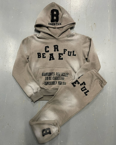 Custom Sweatsuit Flare Sweatpants Jogger Cropped Hoodie Set Distressed Embroidery Patch Acid Washed Vintage <b>Tracksuit</b> - Product Image 1