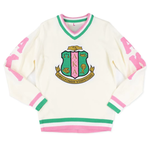 For Acrylic V-Neck Winter Women's Sweater Pink Green Trim Greek Sorority Front Logo Premium Soft Warm Stylish Fit Casual - Product Image 1