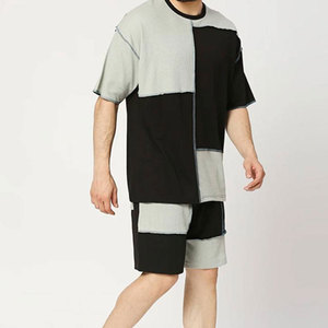 Econex Sports Men's Cotton Patchwork <b>Knitted</b> Breathable T-Shirt and Shorts <b>Set</b> Casual Summer Wear Black Gray Color Block Design - Product Image 1