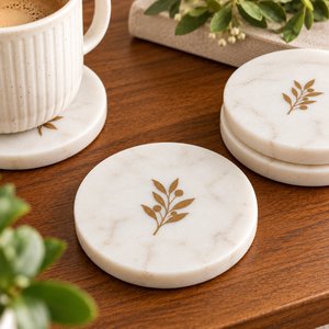 white marble botanical <b>coaster</b> gold branch inlay round <b>coaster</b> leaf <b>coaster</b> natural stone <b>drink</b> <b>coaster</b> handmade marble <b>coaster</b> - Product Image 1